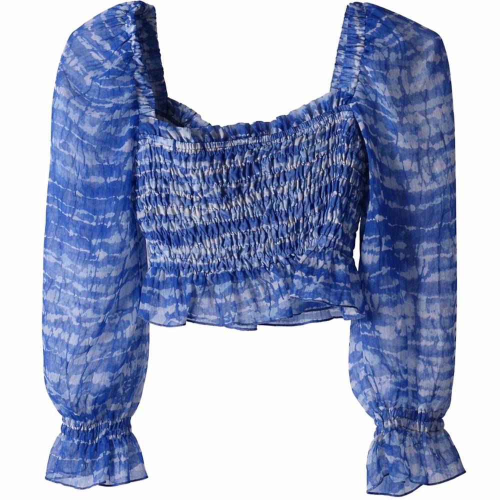 Zara blue tie-dye cropped chiffon blouse